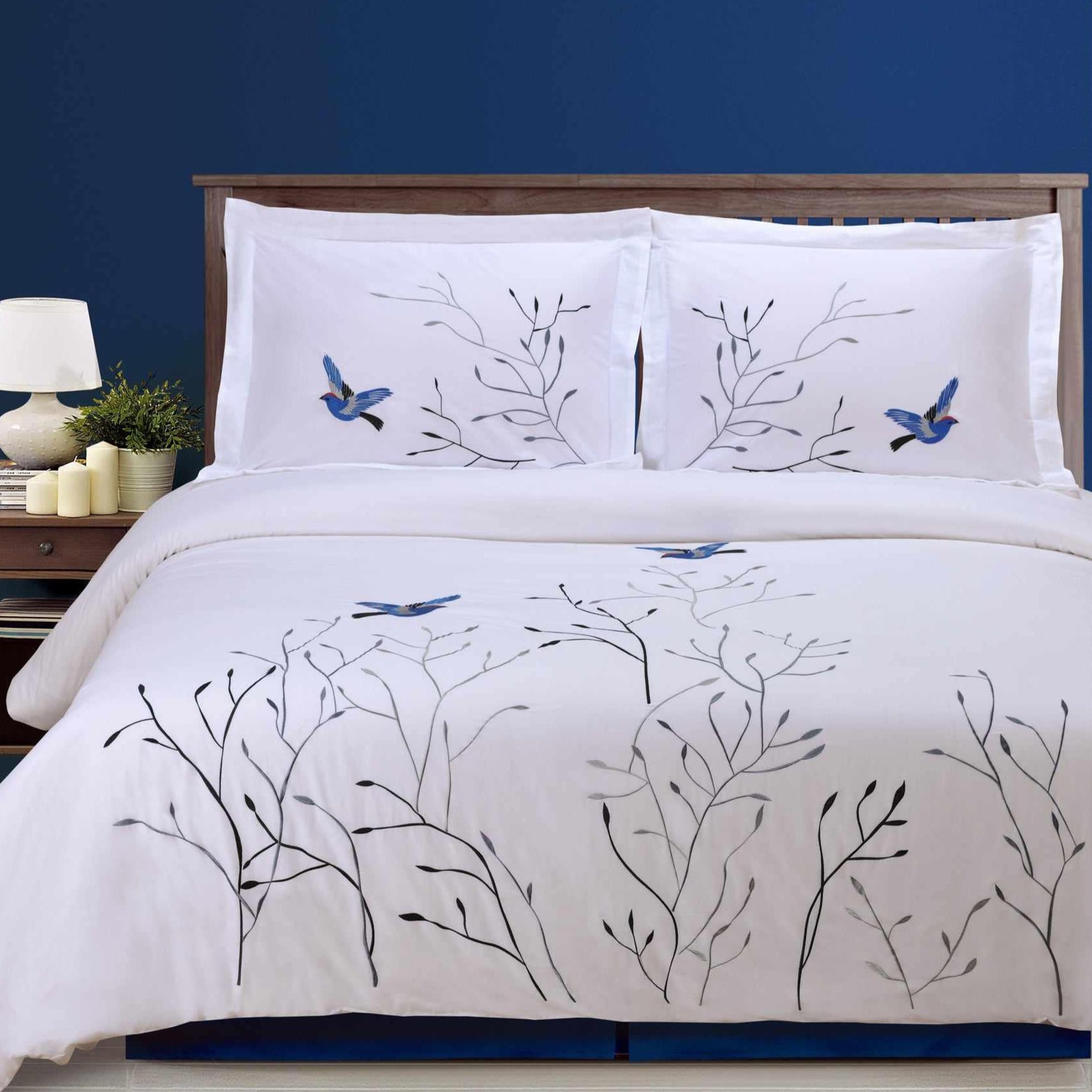 Embroidered Swallow and Floral Cotton Duvet Cover Set - Duvet Cover Set by Superior
