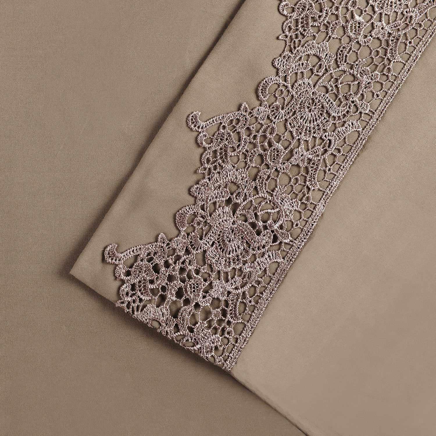 2 Piece Microfiber Lace Embroidery Solid Pillowcase Set - Taupe