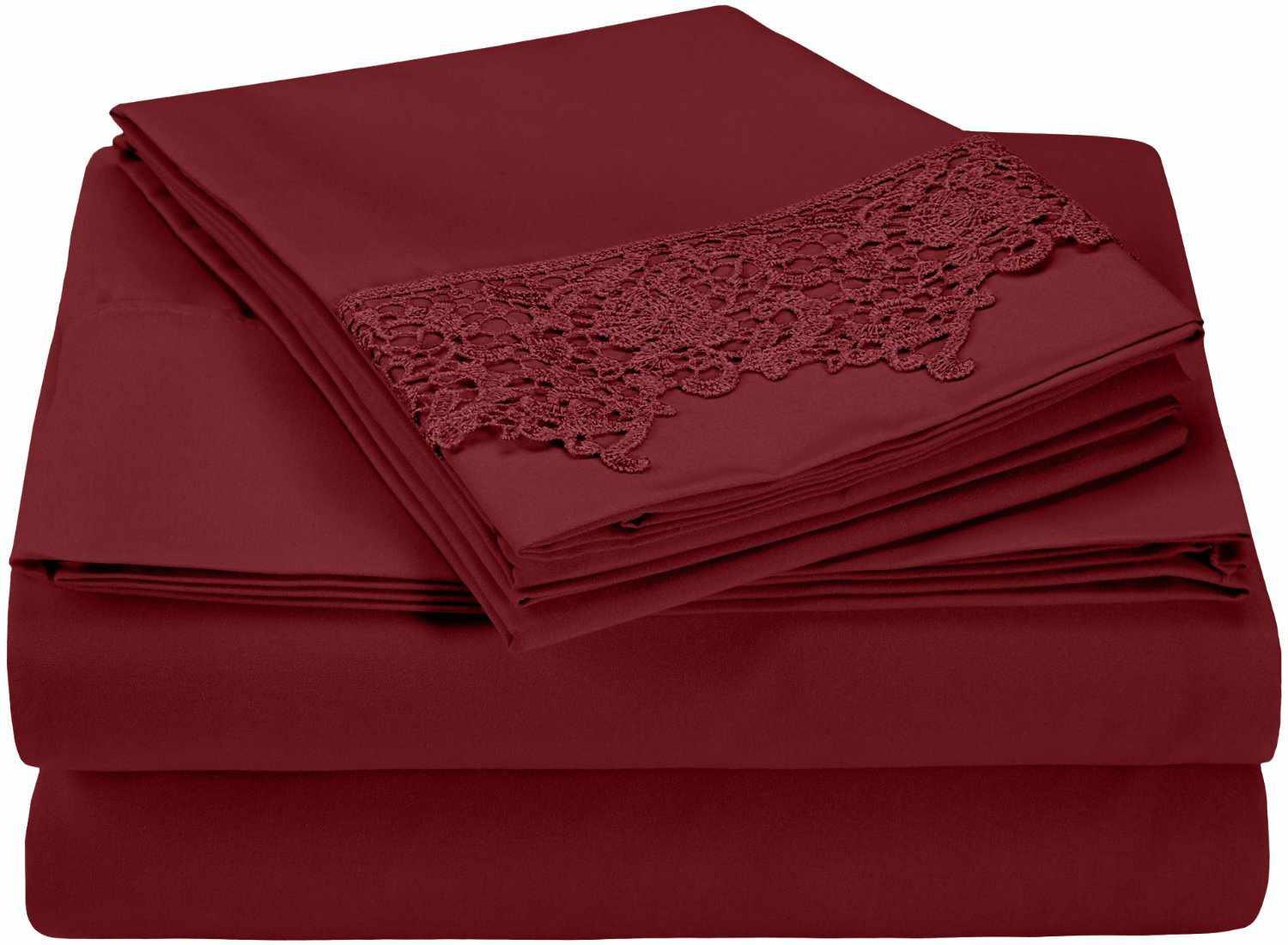 Superior Lace Overlay Solid Wrinkle Resistant Sheet Set  -Burgundy