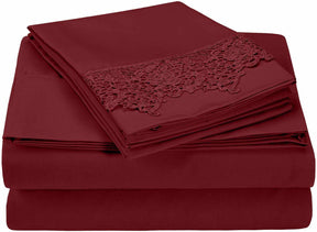 Superior Lace Overlay Solid Wrinkle Resistant Sheet Set  -Burgundy