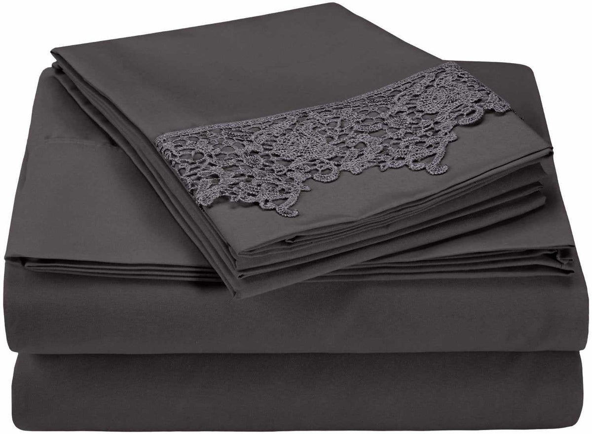 Superior Lace Overlay Solid Wrinkle Resistant Sheet Set  - Charcoal