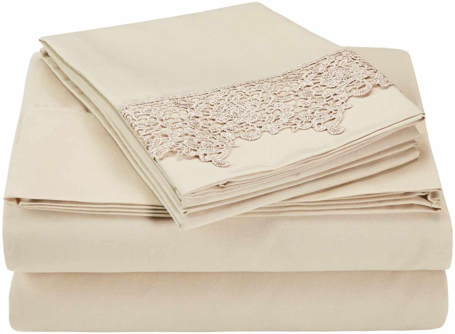 Superior Lace Overlay Solid Wrinkle Resistant Sheet Set  - Tan