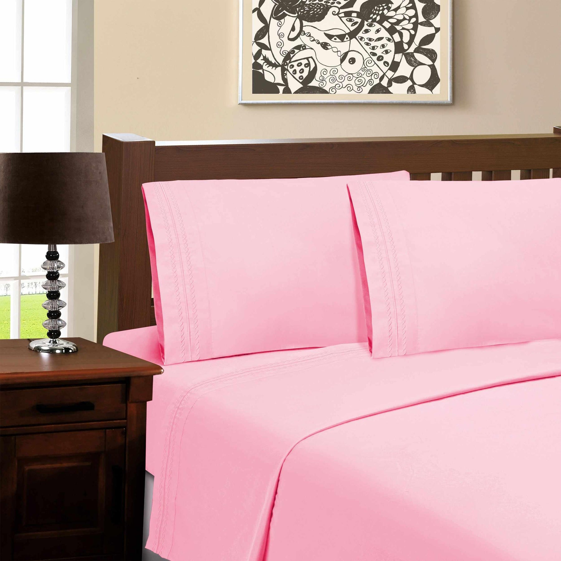  Microfiber Wrinkle Resistant and Breathable Solid Infinity Embroidery Pillowcase Set - Pink