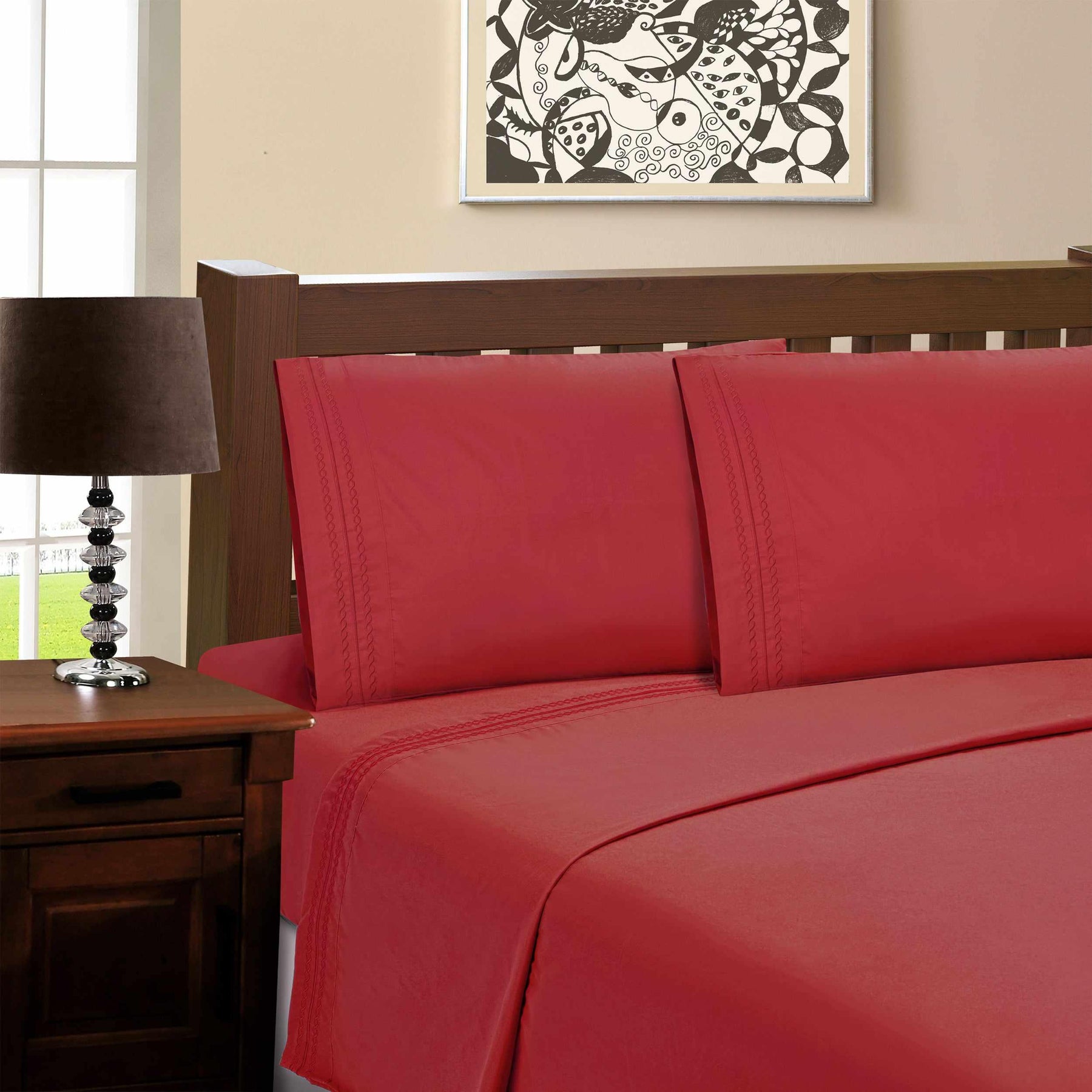Microfiber Wrinkle Resistant and Breathable Solid Infinity Embroidery Pillowcase Set - Red
