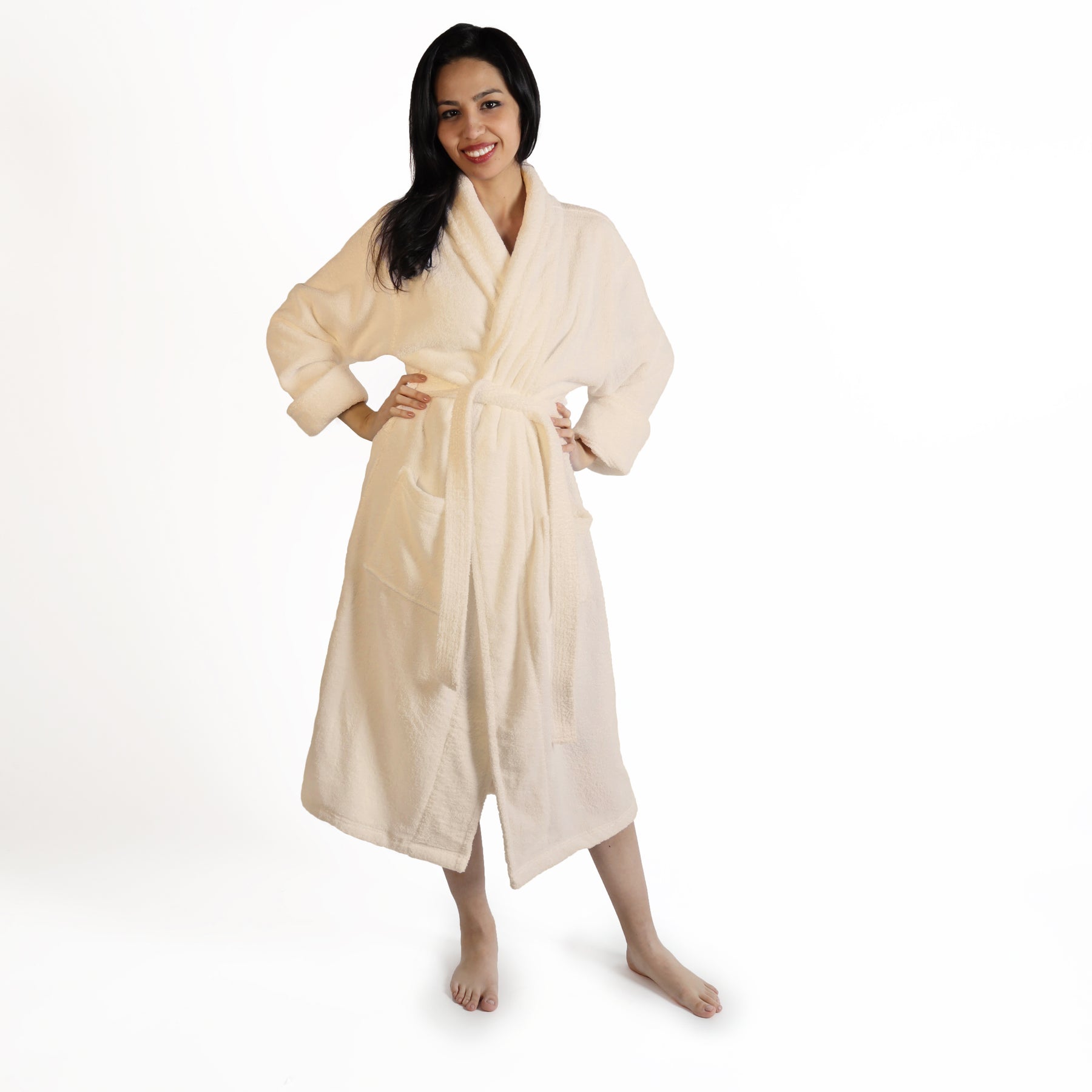 Classic Women's Home and Bath Collection Traditional Turkish Cotton Cozy Bathrobe with Adjustable Belt and Hanging Loop - Ivory