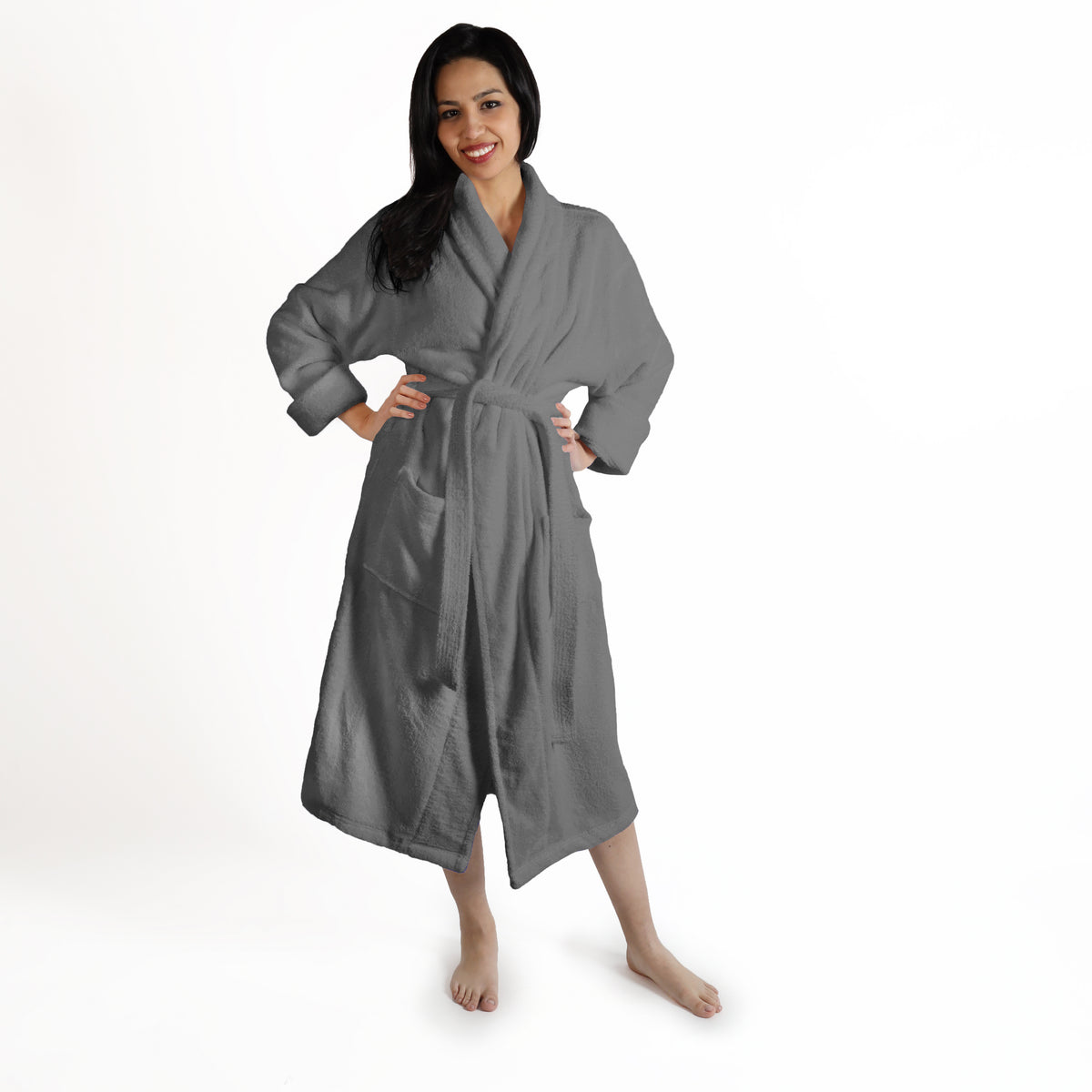 Classic Women's Home and Bath Collection Traditional Turkish Cotton Cozy Bathrobe with Adjustable Belt and Hanging Loop - Gray