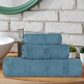 Ribbed Turkish Cotton 3-Piece Solid Quick-Dry Assorted Highly Absorbent Towel Set - Denim Blue