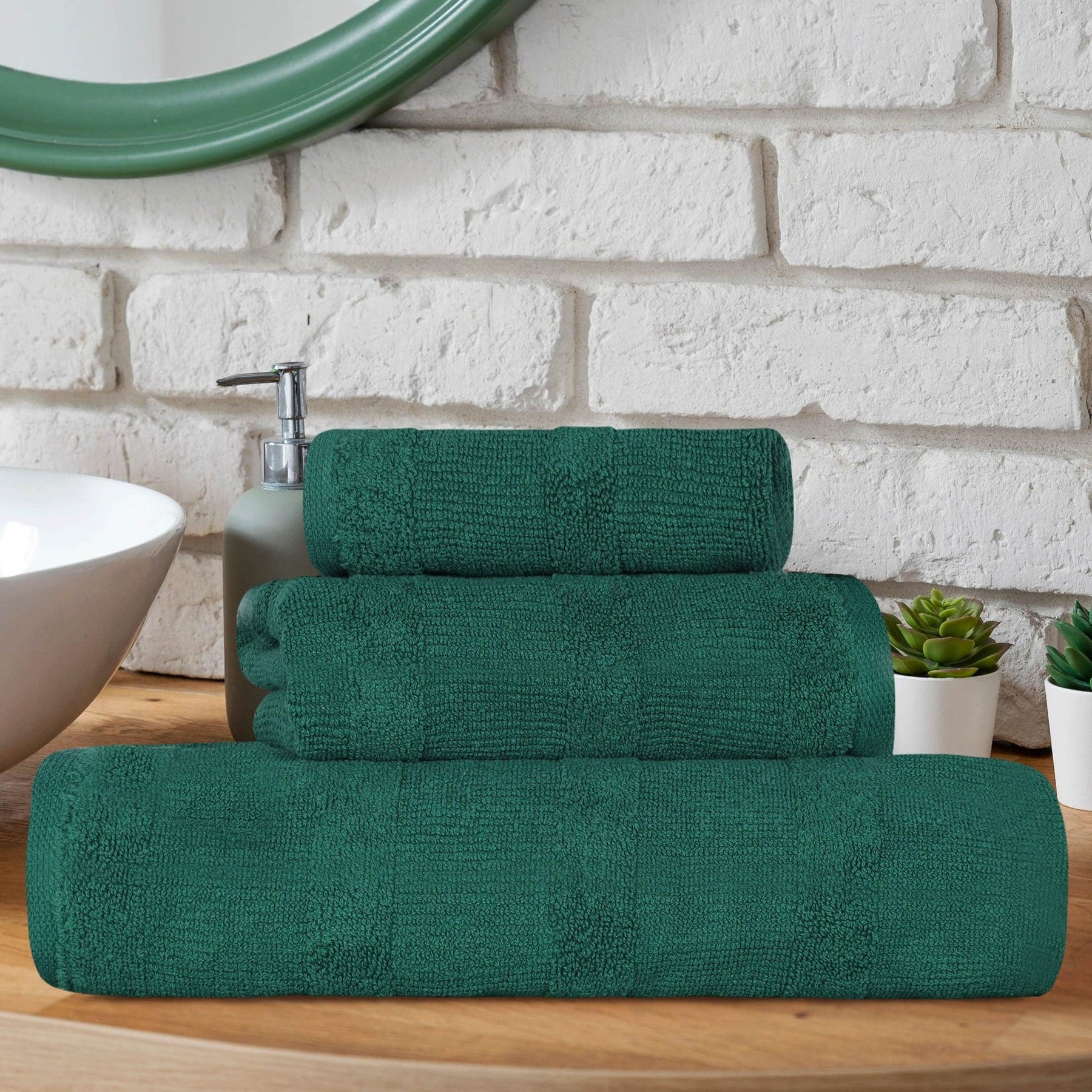 Ribbed Turkish Cotton 3-Piece Solid Quick-Dry Assorted Highly Absorbent Towel Set - Evergreen