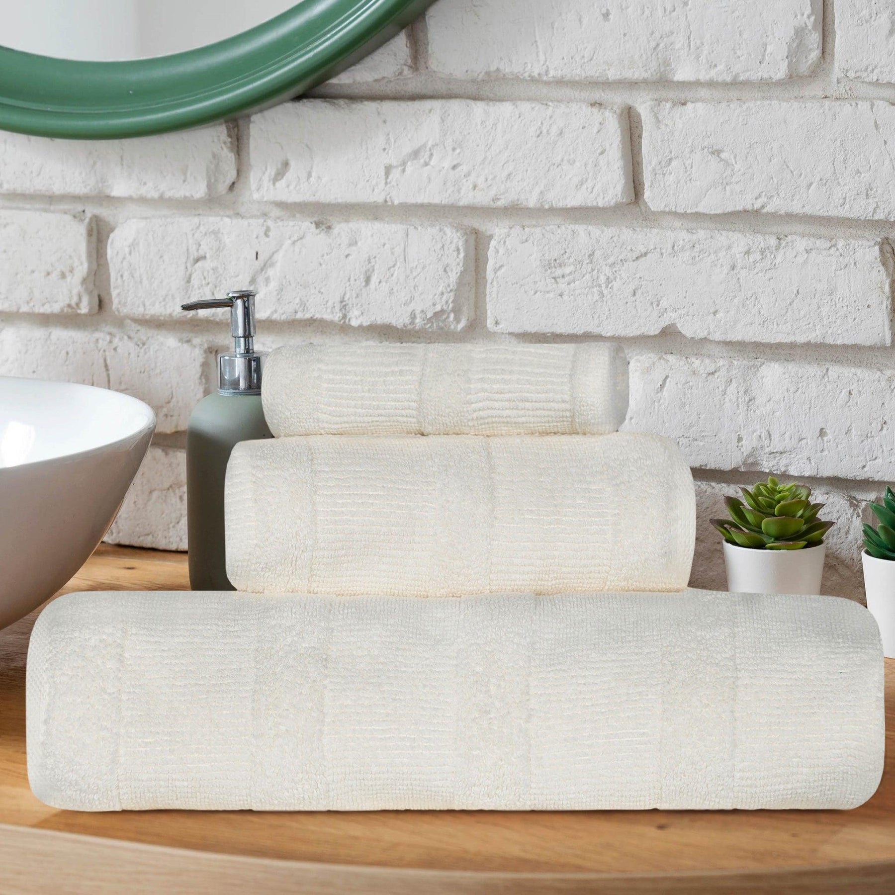 Ribbed Turkish Cotton 3-Piece Solid Quick-Dry Assorted Highly Absorbent Towel Set - Ivory