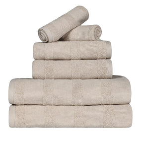 Ribbed Cotton Medium Weight 6 Piece Bath Towel Set - Stone