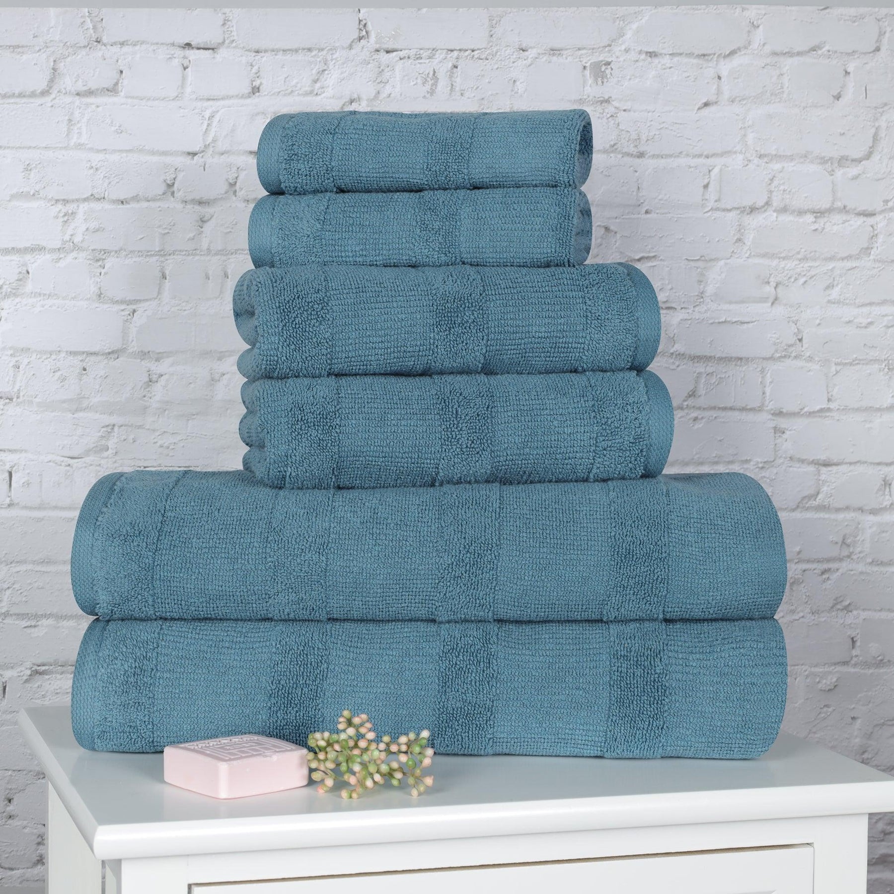 Ribbed Cotton Medium Weight 6 Piece Bath Towel Set - Denim Blue