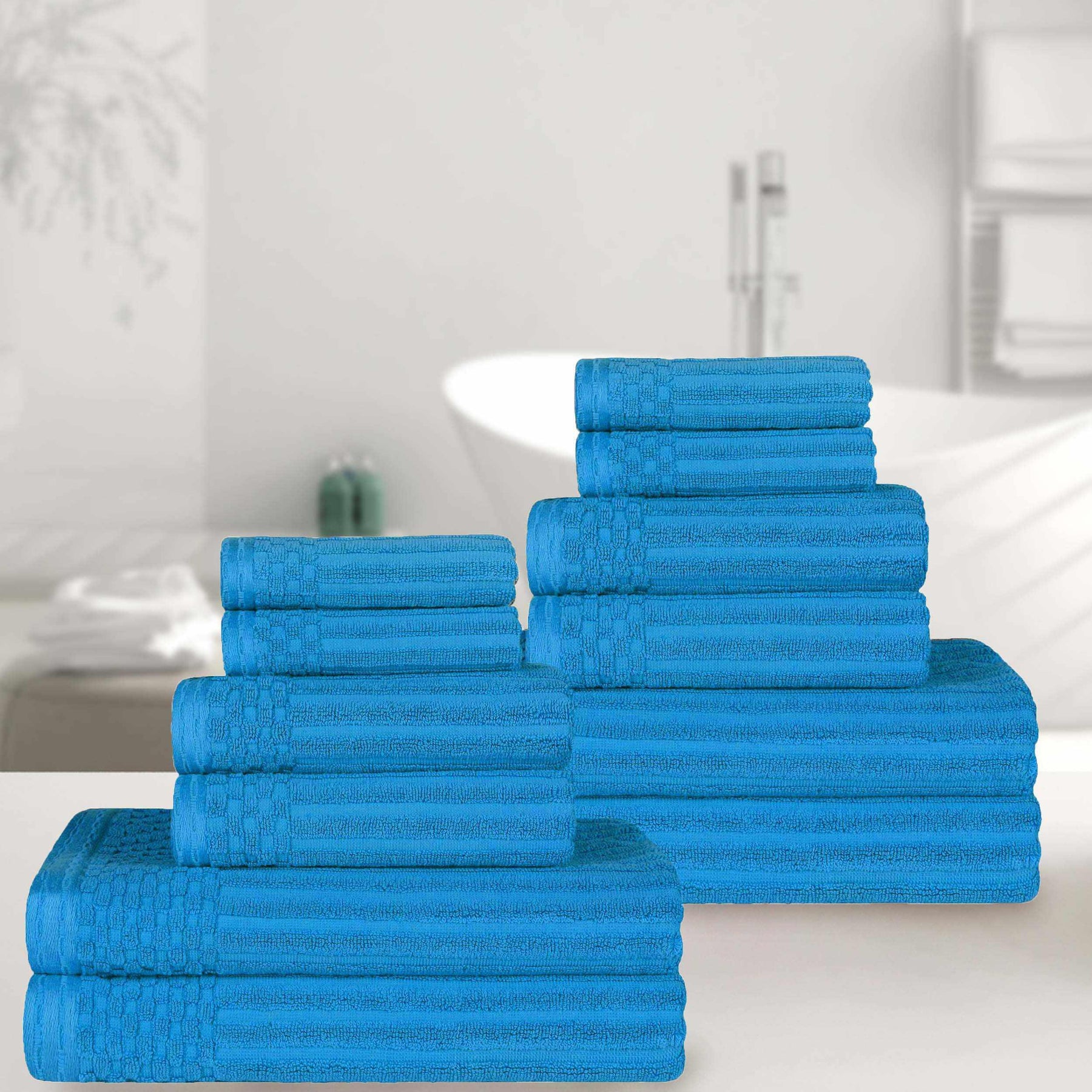 Ribbed Textured Cotton Medium Weight 12 Piece Towel Set -  Azure