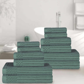 Ribbed Textured Cotton Medium Weight 12 Piece Towel Set - Basil