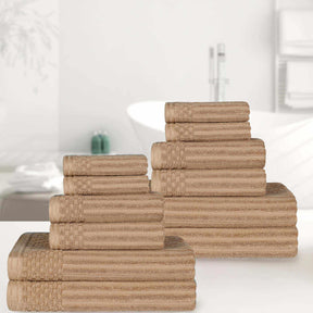 Ribbed Textured Cotton Medium Weight 12 Piece Towel Set - Coffee