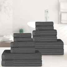 Ribbed Textured Cotton Medium Weight 12 Piece Towel Set -  Charcoal