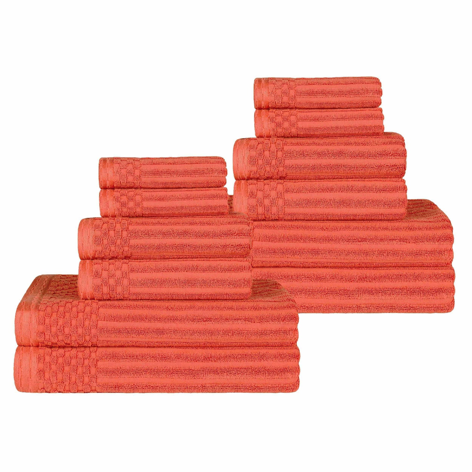 Ribbed Textured Cotton Medium Weight 12 Piece Towel Set -  Coral