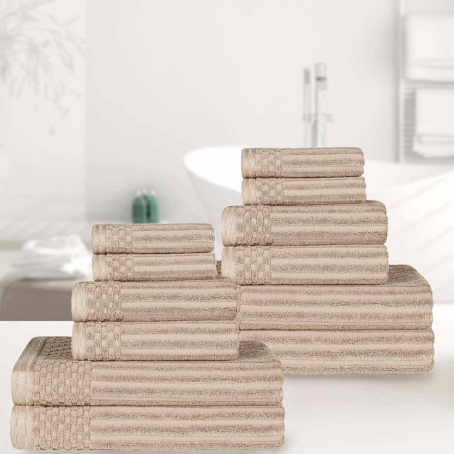 Ribbed Textured Cotton Medium Weight 12 Piece Towel Set - Ivory