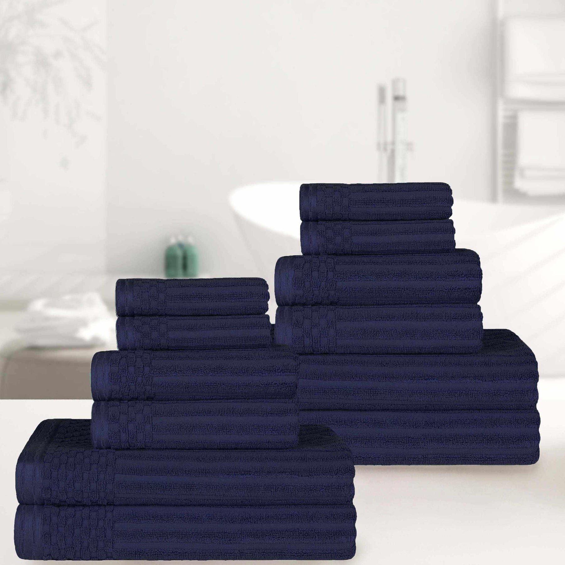 Ribbed Textured Cotton Medium Weight 12 Piece Towel Set - Navy Blue