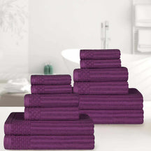 Ribbed Textured Cotton Medium Weight 12 Piece Towel Set - Plum