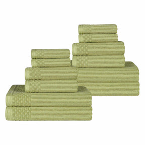 Ribbed Textured Cotton Medium Weight 12 Piece Towel Set - Sage
