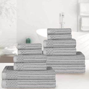 Ribbed Textured Cotton Medium Weight 12 Piece Towel Set - Silver
