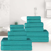Ribbed Textured Cotton Medium Weight 12 Piece Towel Set - Turquoise