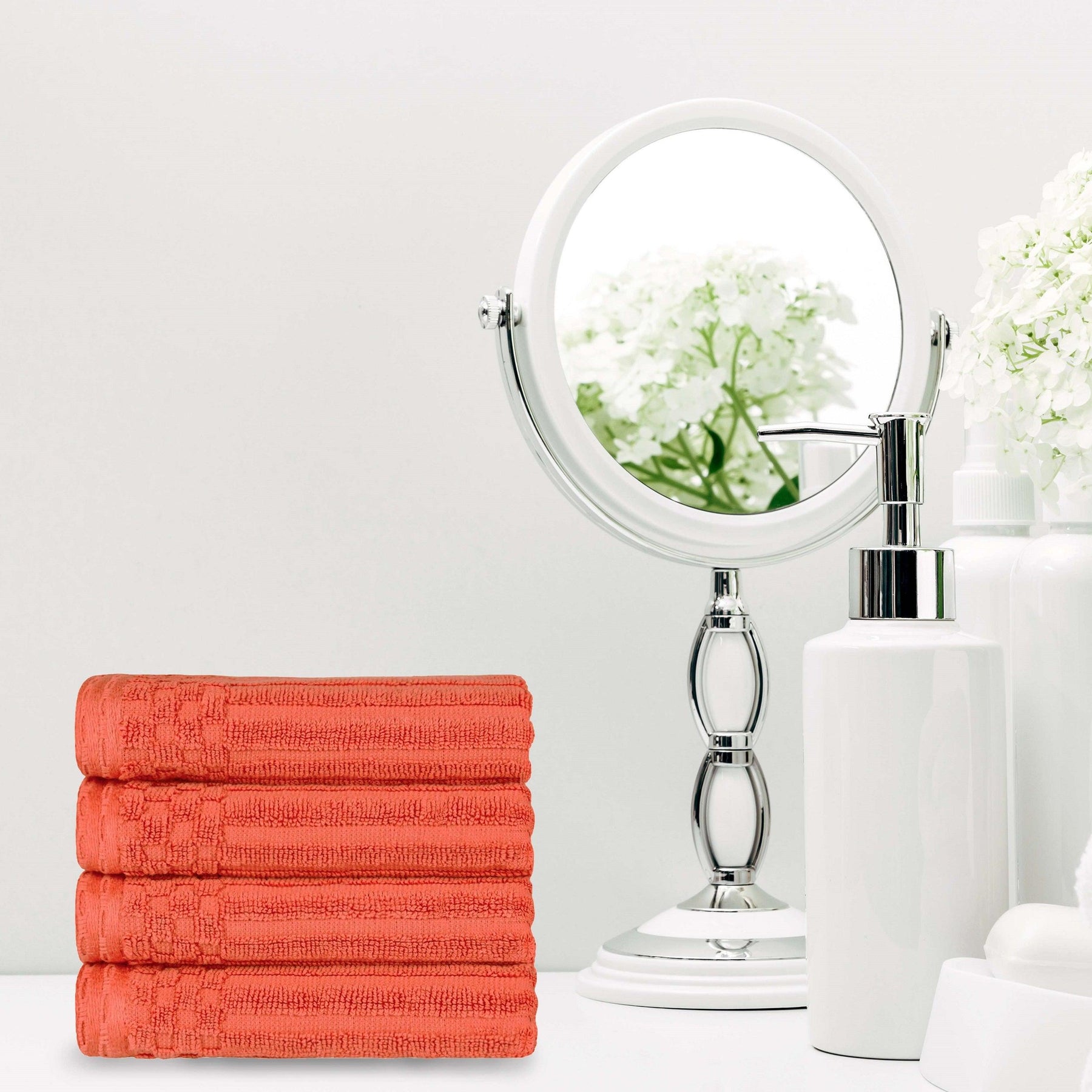 Ribbed Textured Cotton Ultra-Absorbent 4 Piece Hand Towel Set - Coral