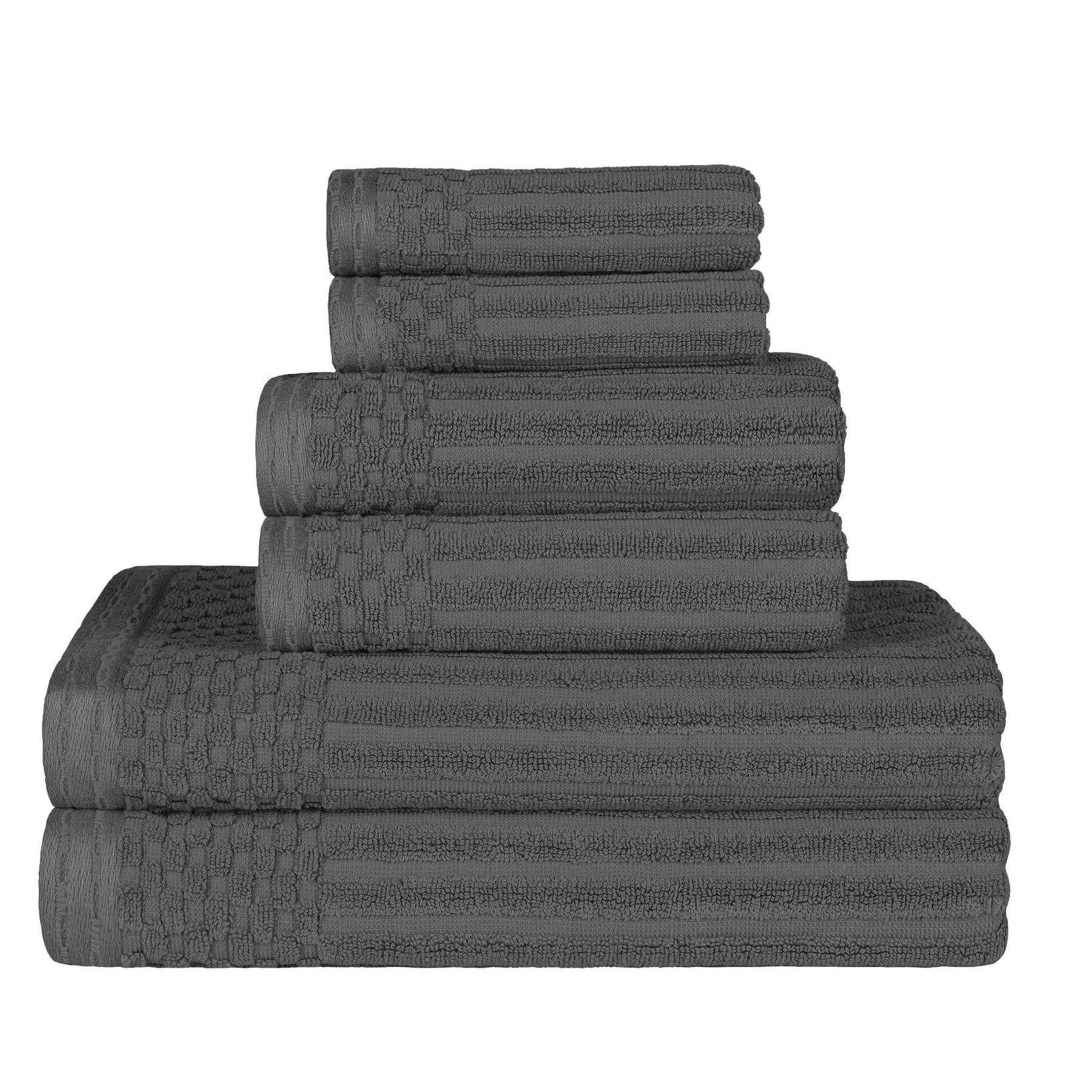Ribbed Textured Cotton Medium Weight 6 Piece Towel Set - Charcoal