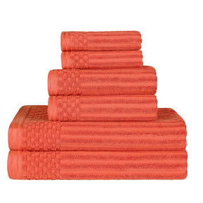 Ribbed Textured Cotton Medium Weight 6 Piece Towel Set - Coral