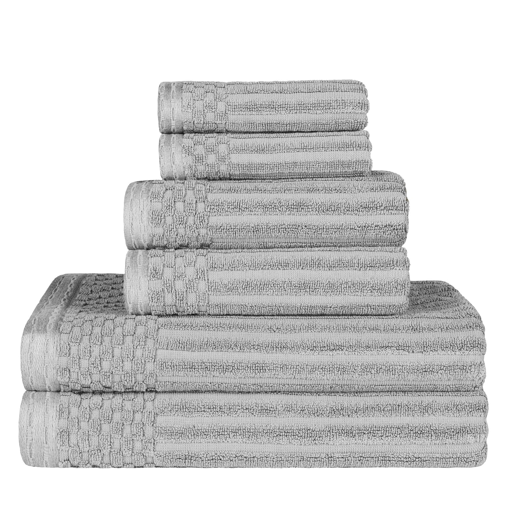 Ribbed Textured Cotton Medium Weight 6 Piece Towel Set - Silver