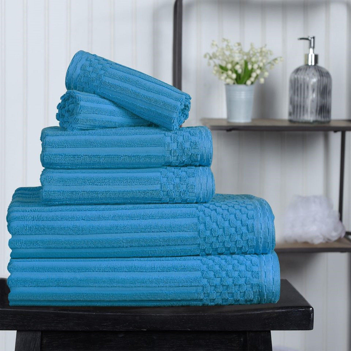 Ribbed Textured Cotton Medium Weight 6 Piece Towel Set - Azure
