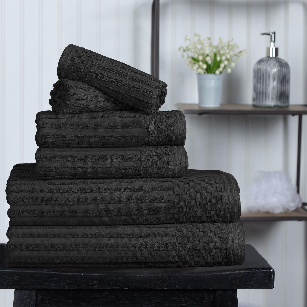 Ribbed Textured Cotton Medium Weight 6 Piece Towel Set - Black