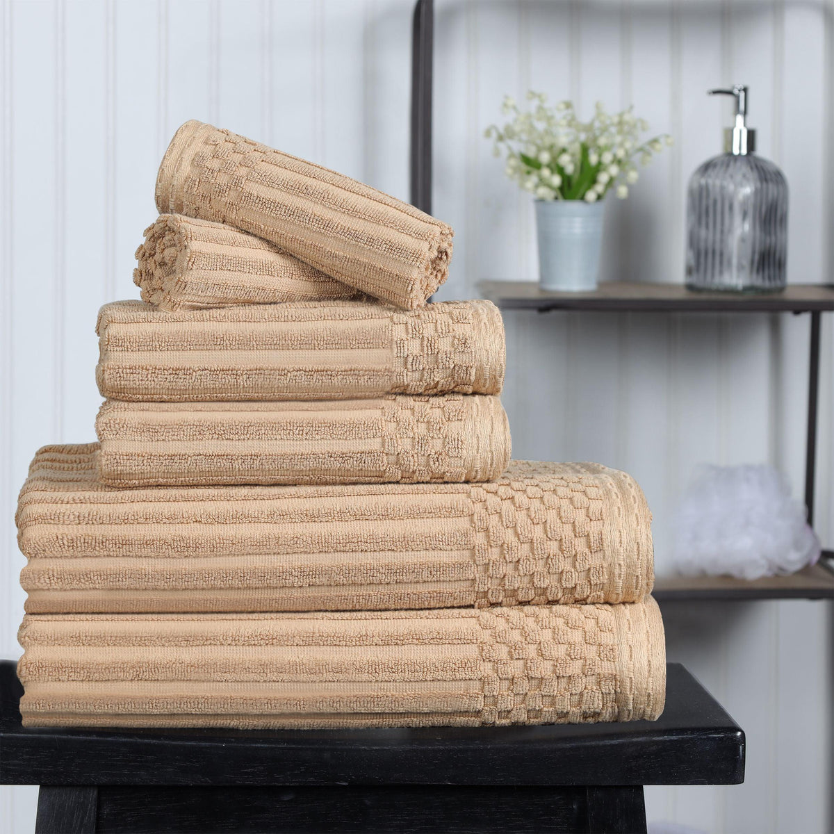 Ribbed Textured Cotton Medium Weight 6 Piece Towel Set -  Coffee