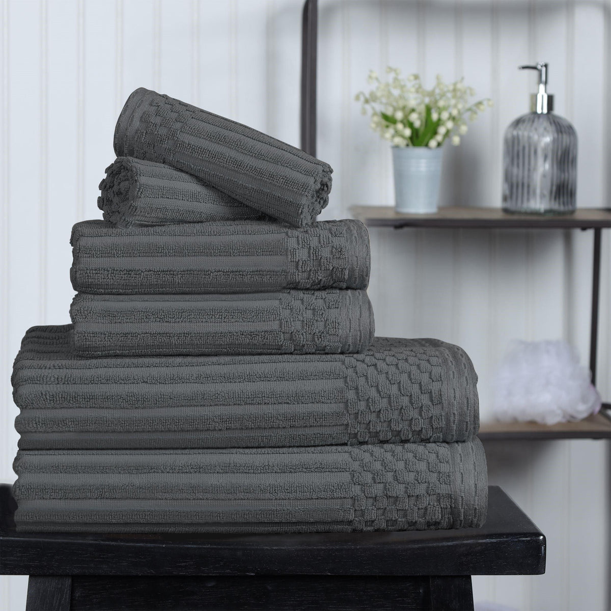 Ribbed Textured Cotton Medium Weight 6 Piece Towel Set - Charcoal