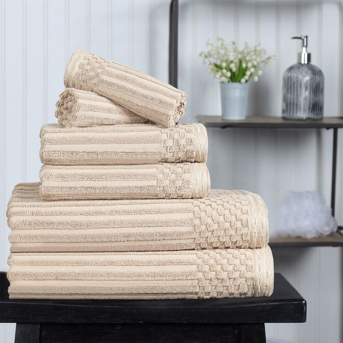 Ribbed Textured Cotton Medium Weight 6 Piece Towel Set -  Ivory