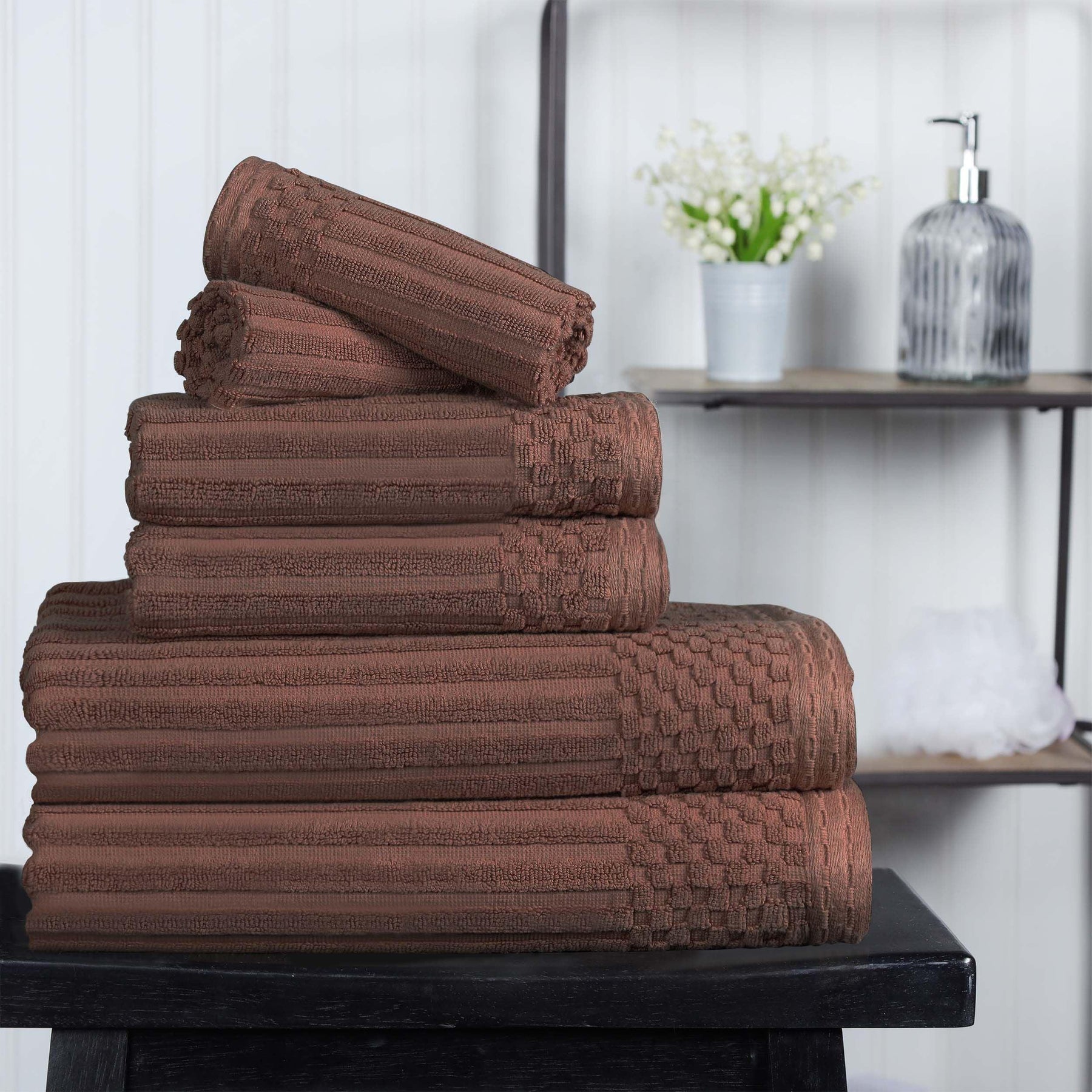 Ribbed Textured Cotton Medium Weight 6 Piece Towel Set - Java