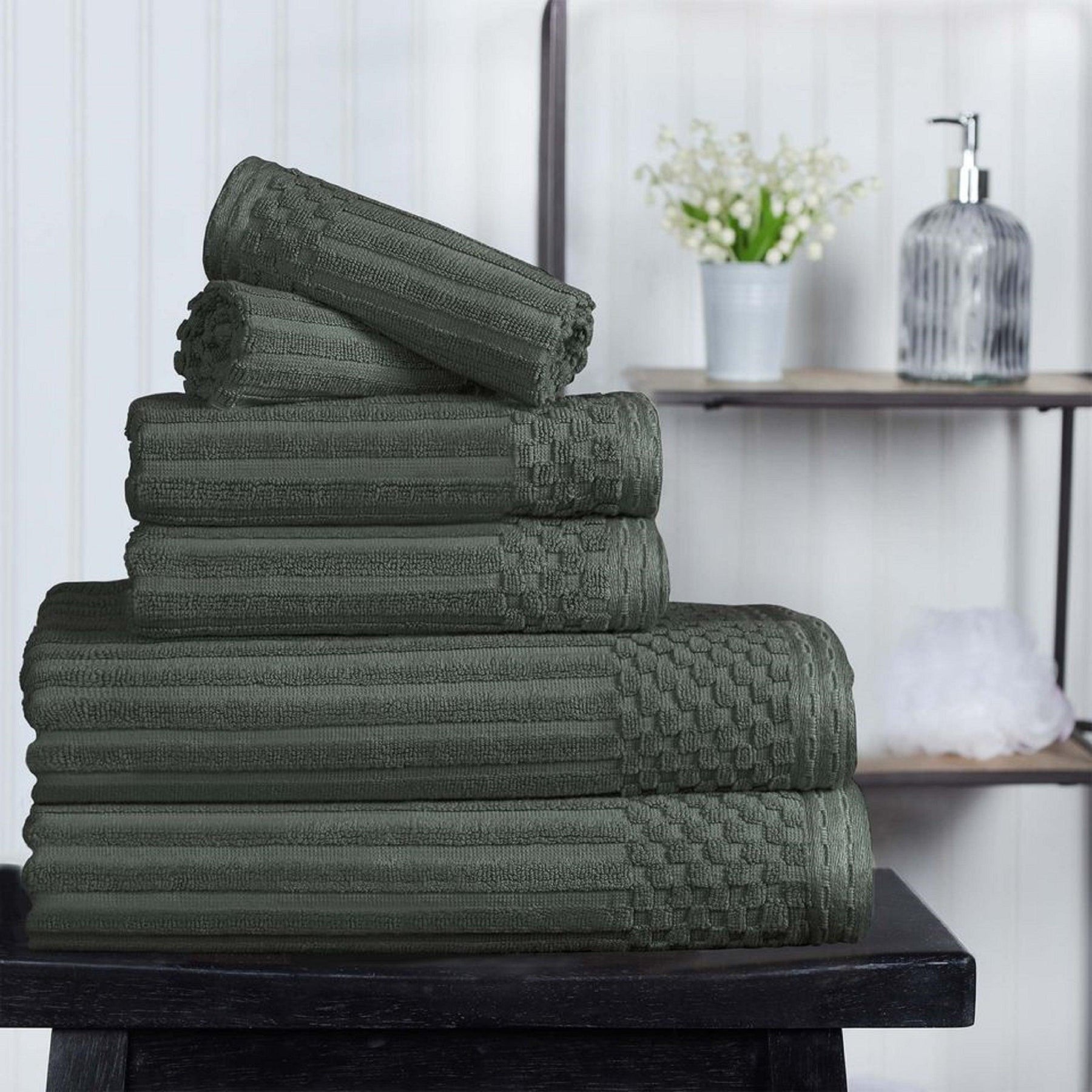 Ribbed Textured Cotton Medium Weight 6 Piece Towel Set - Pine