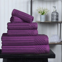 Ribbed Textured Cotton Medium Weight 6 Piece Towel Set -  Plum