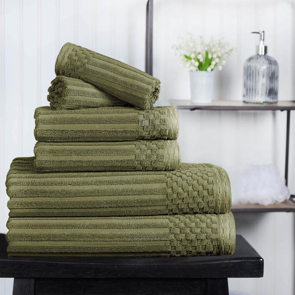 Ribbed Textured Cotton Medium Weight 6 Piece Towel Set - Sage