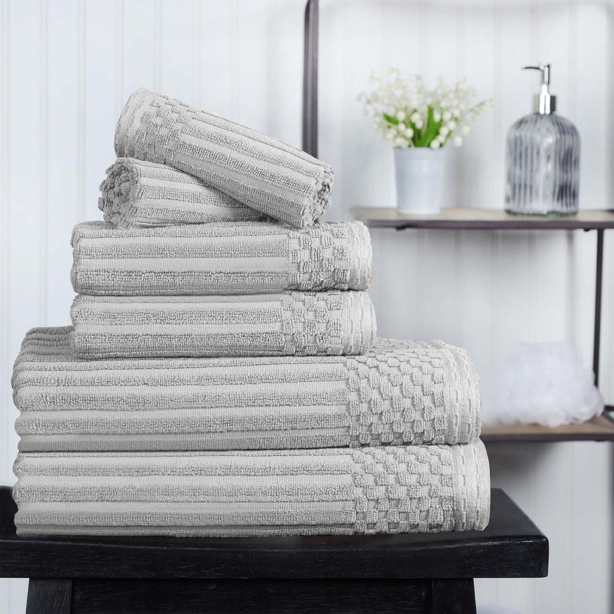 Ribbed Textured Cotton Medium Weight 6 Piece Towel Set - Silver