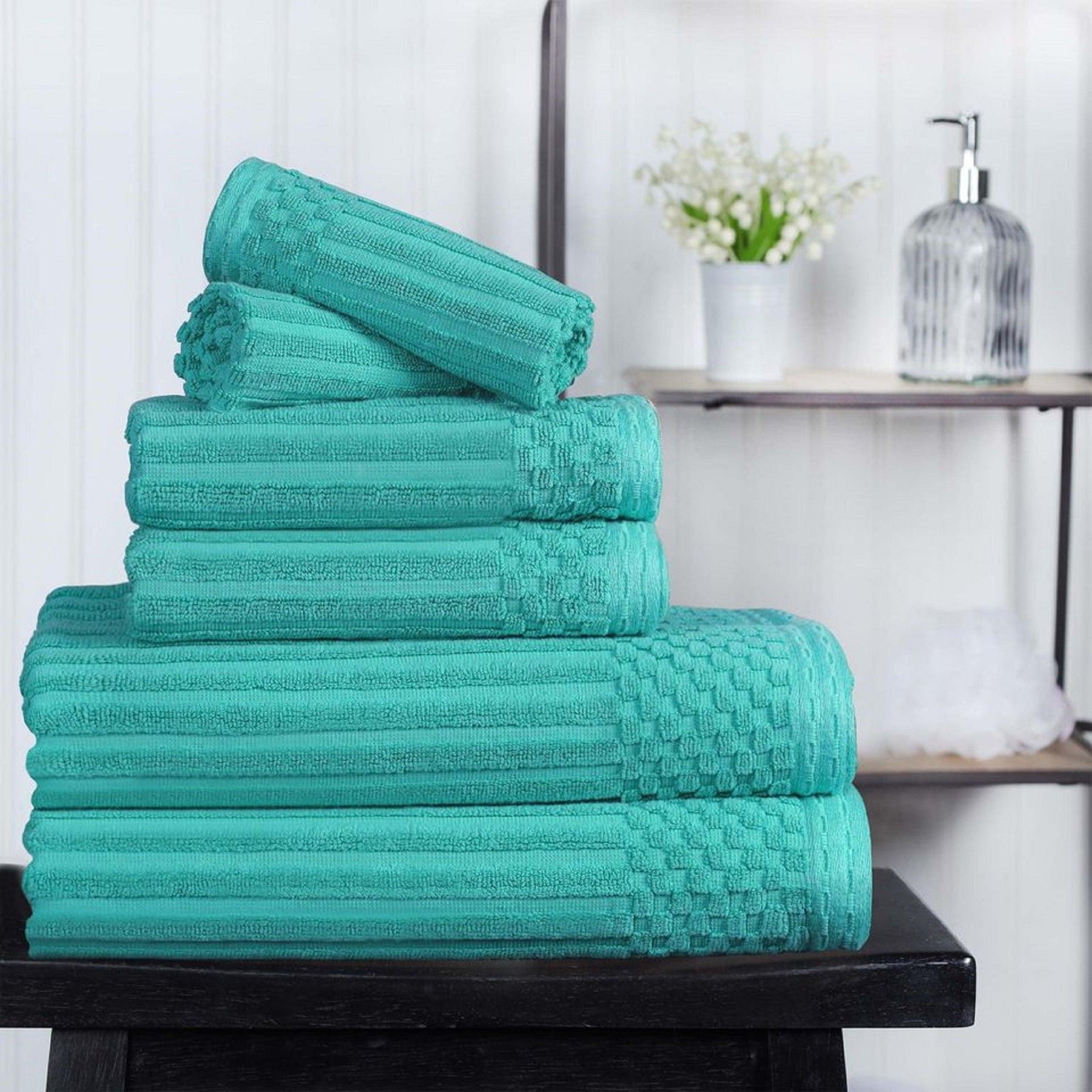 Ribbed Textured Cotton Medium Weight 6 Piece Towel Set - Turquoise