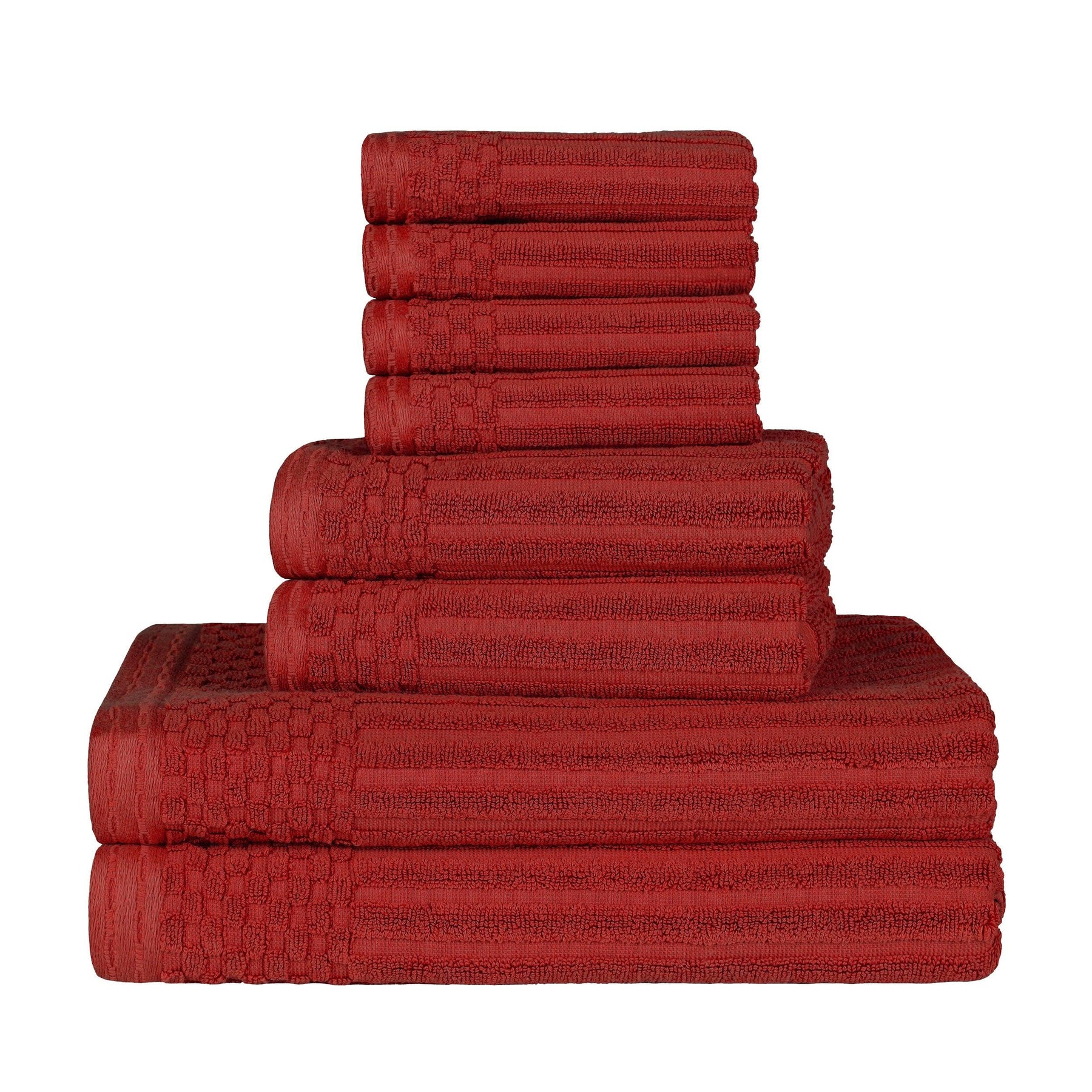 Ribbed Textured Cotton Medium Weight 8 Piece Towel Set - Burgundy