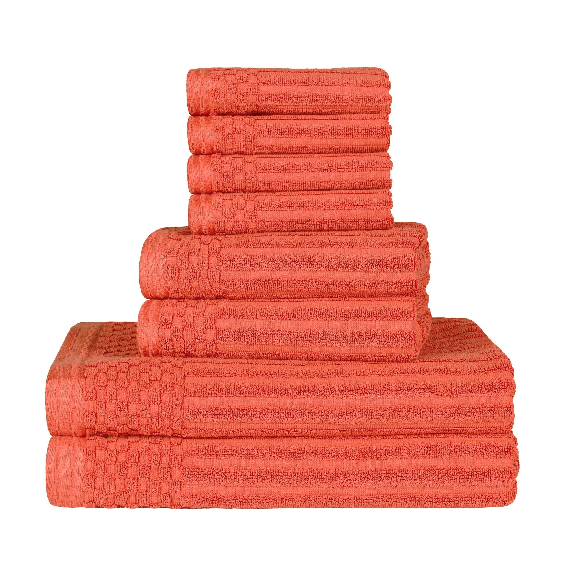 Ribbed Textured Cotton Medium Weight 8 Piece Towel Set - Coral