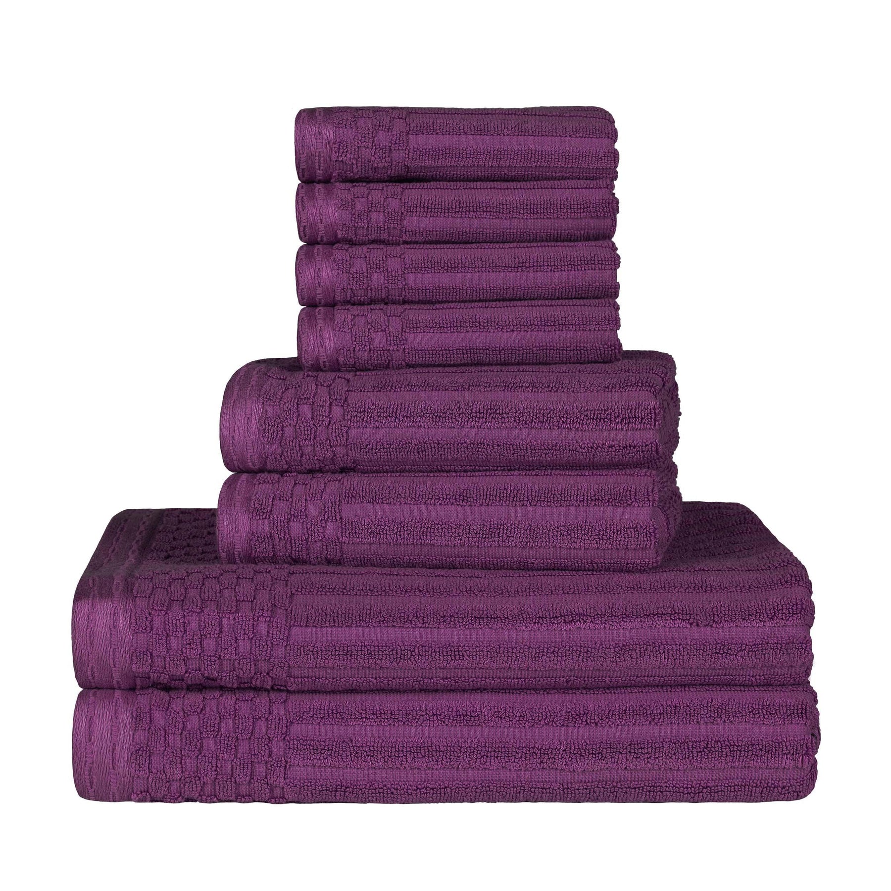 Ribbed Textured Cotton Medium Weight 8 Piece Towel Set -  Plum