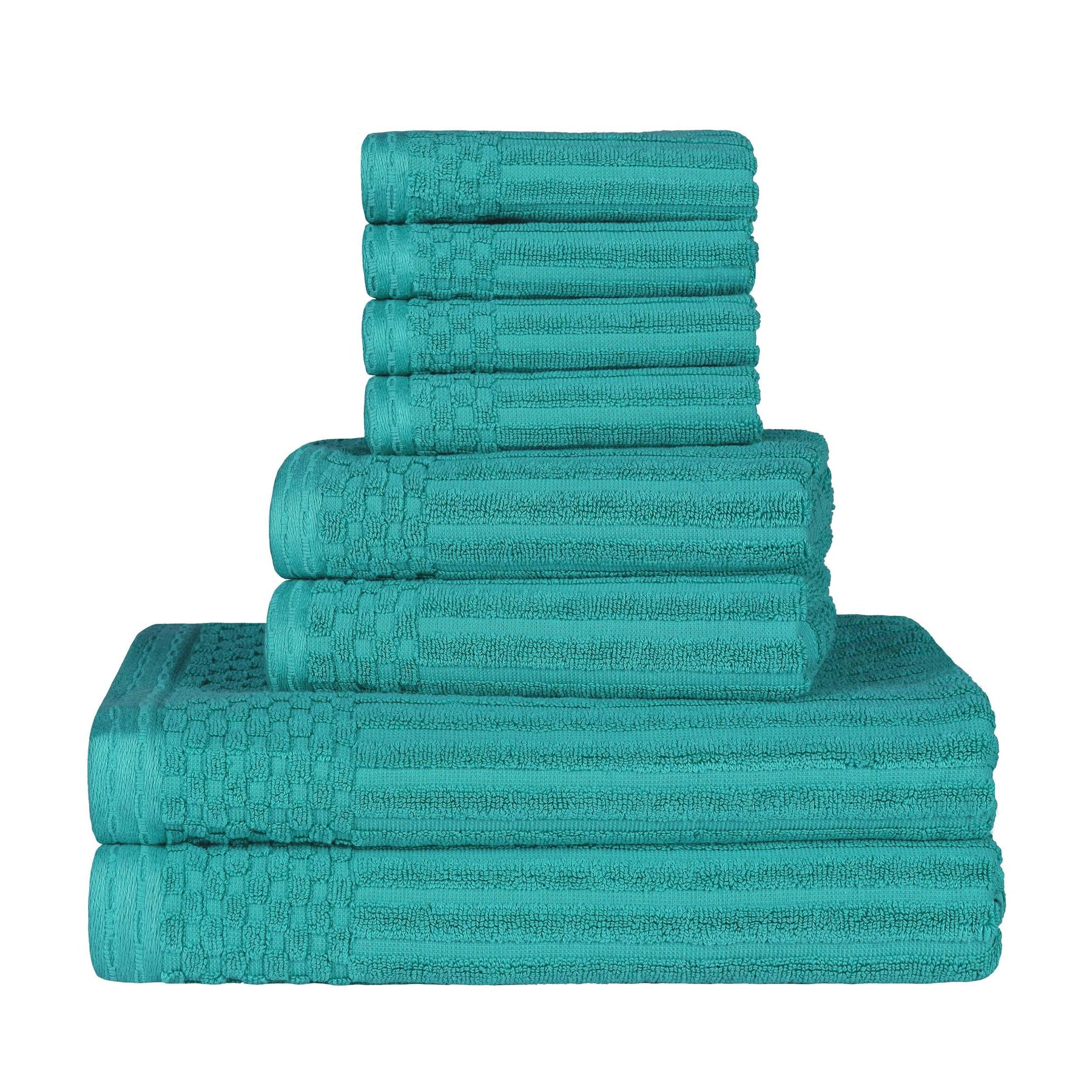 Ribbed Textured Cotton Medium Weight 8 Piece Towel Set - Turquoise