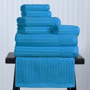 Ribbed Textured Cotton Medium Weight 8 Piece Towel Set - Azure 