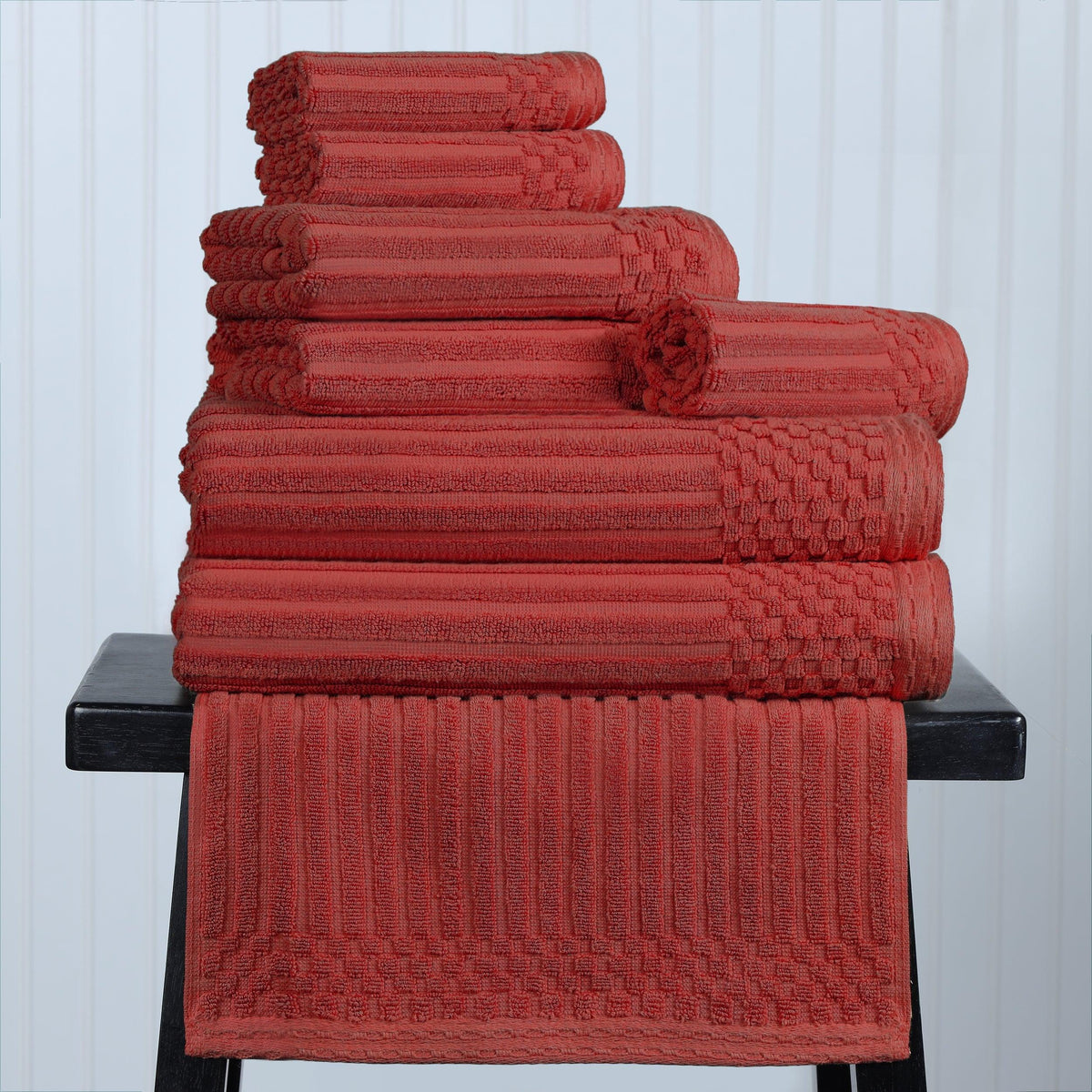 Ribbed Textured Cotton Medium Weight 6 Piece Towel Set - Burgundy