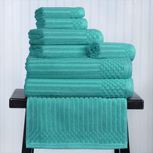 Ribbed Textured Cotton Medium Weight 8 Piece Towel Set - Turquoise