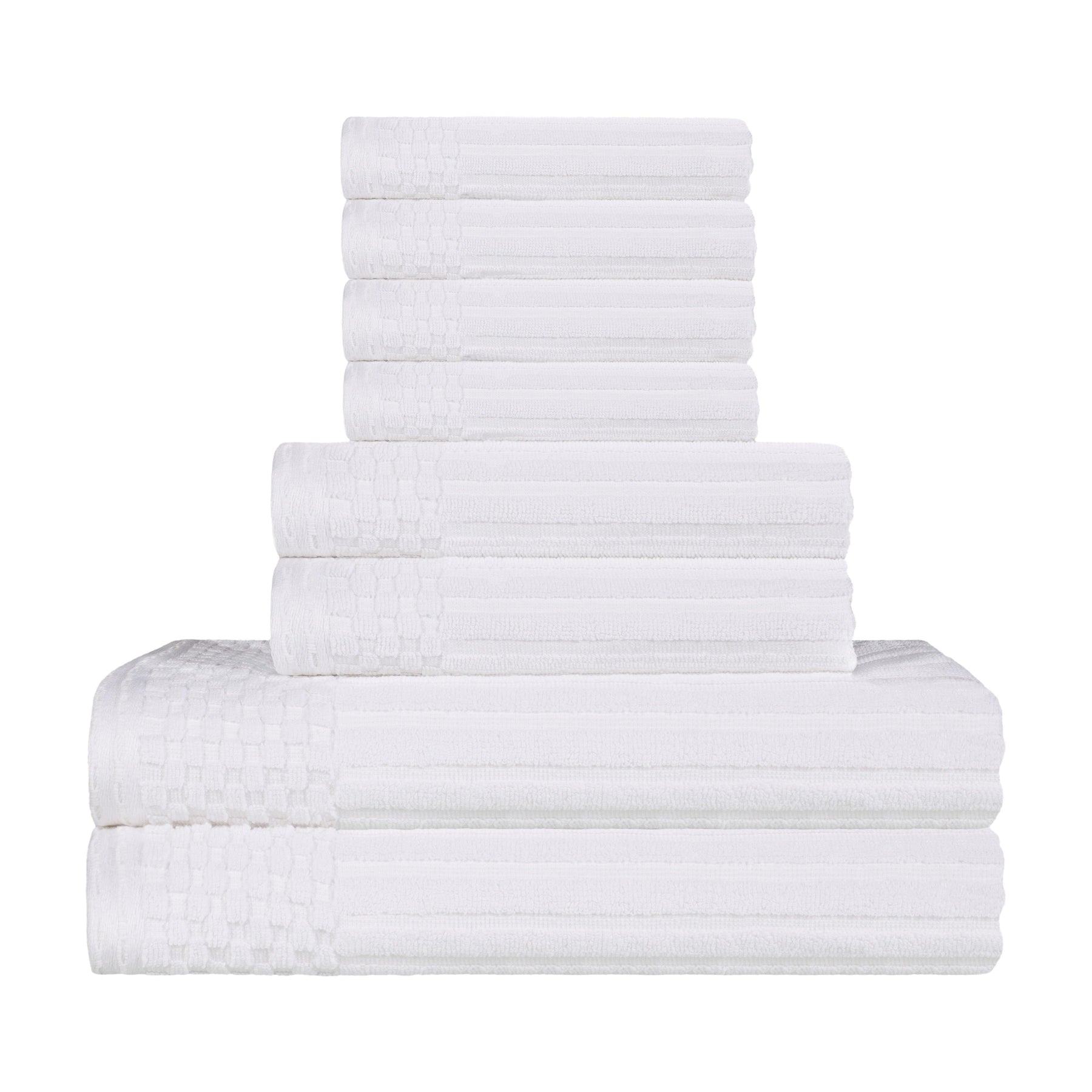 Ribbed Textured Cotton Medium Weight 8 Piece Towel Set - White