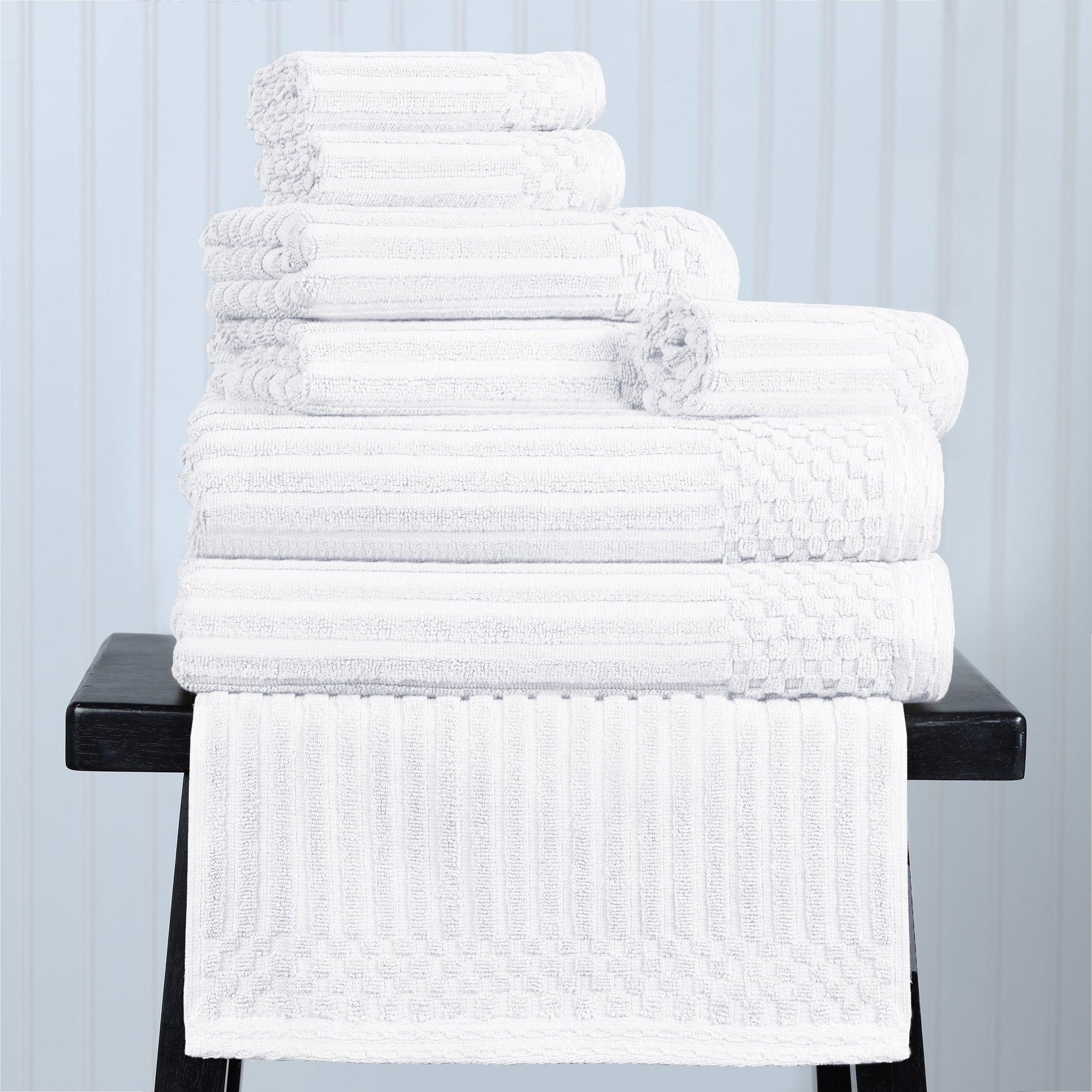 Ribbed Textured Cotton Medium Weight 8 Piece Towel Set - White